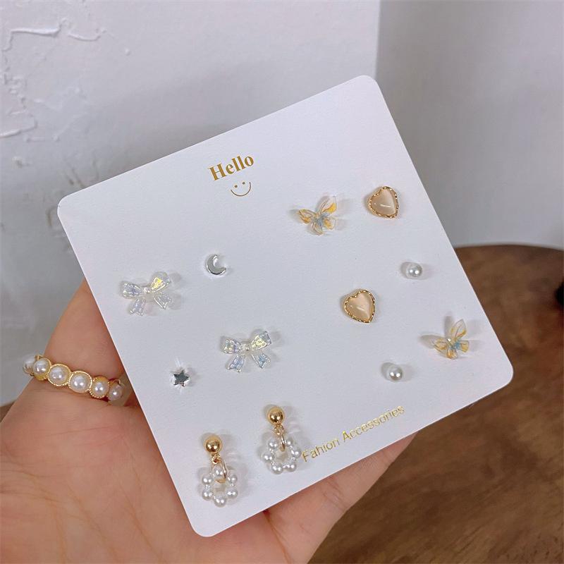 6Pairs/Set Simple Pearl Moon Bow Butterfly Stud Earring Set Heart Star Earrings For Women Accessories Jewelry