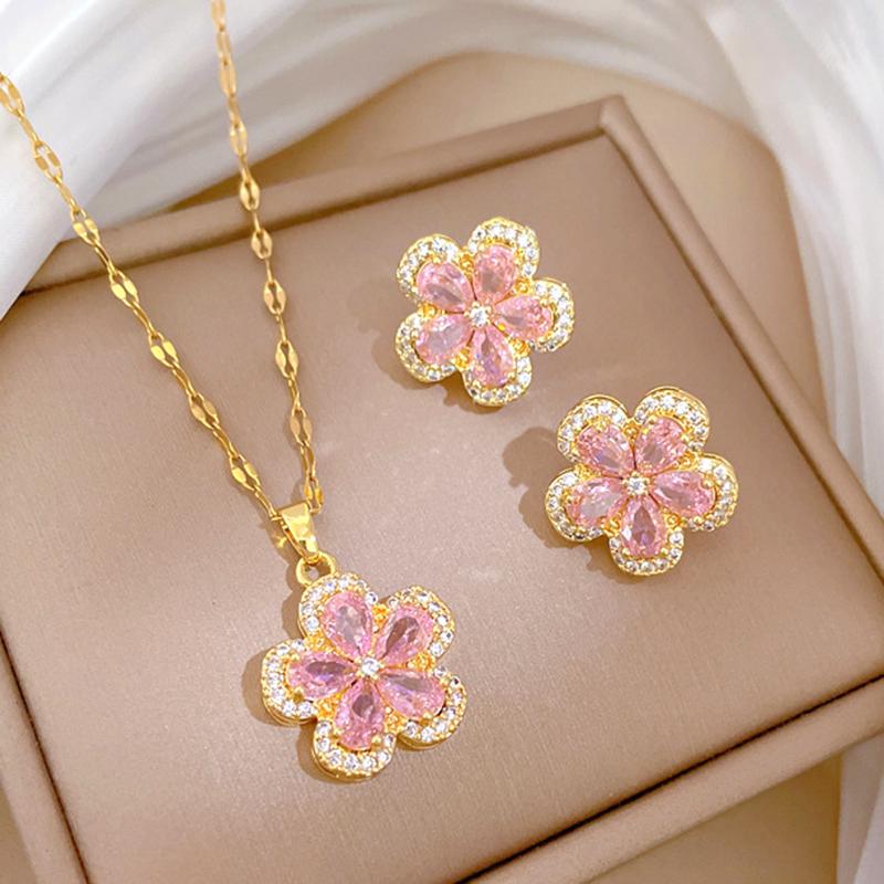 Quality Zircon Flower Pendant Choker Necklace And Earrings Set Stainless Steel Chains Bridal Wedding Prom Fashion Jewelry