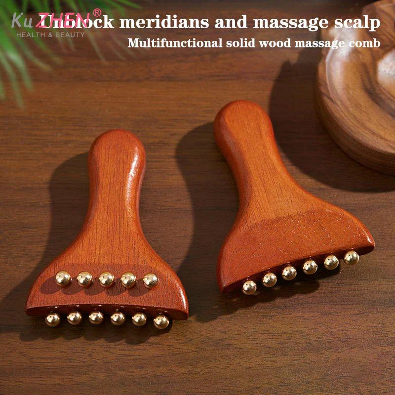 1PCS Wood Brass Gold Bead Facial Lifting Tool Cheek Beauty Massage Gua Sha Lymphatic Drainage Massager Trigger Point Relaxation