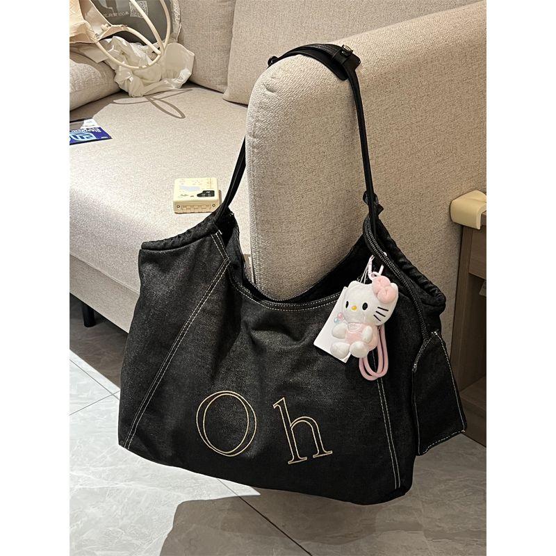 

Korean Style Retro Denim Canvas Bag Women s Minimalist Letters Large Capacity Totes Work Clothing Versatile Handheld Shoulder Bag Black + small bag
