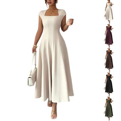 Wedding Guest Dresses for Women Bridesmaid Cocktail Square Neck Sleeve High Waist A Line Flowy Maxi Dress