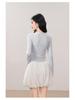 Kumikumi Women's Chic Blue Lace Tie-Up Long Sleeve Autumn Two-Piece Slimming T-Shirt