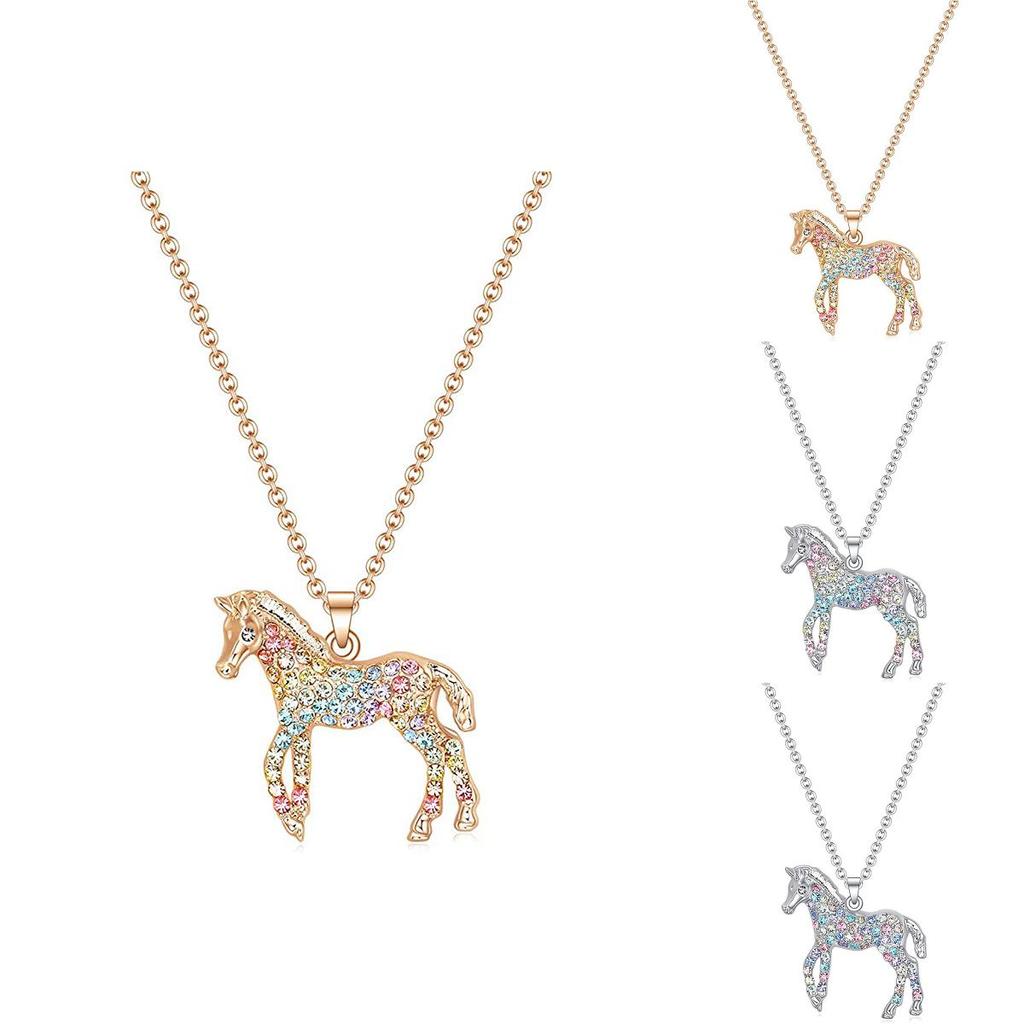 Fashionable Colorful Rainbow Horse Pendant Necklace With Sparkling Design For Women