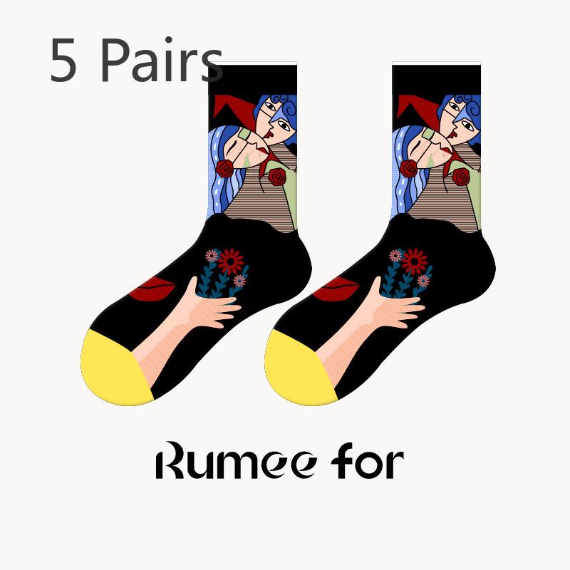 5 Pairs of Women Retro Personality Skateboards Wearing Mid Tube Socks