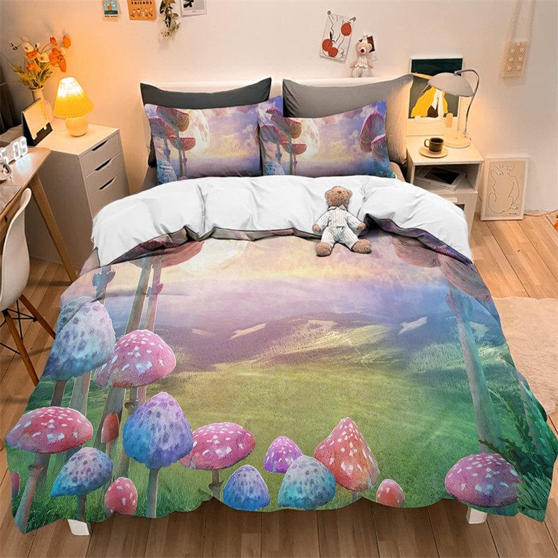 Watercolor Mushroom Duvet Cover Set Wild Forest Various Mushroom Bedding Set Fantastic Landscape Comforter Cover For Kids Adults