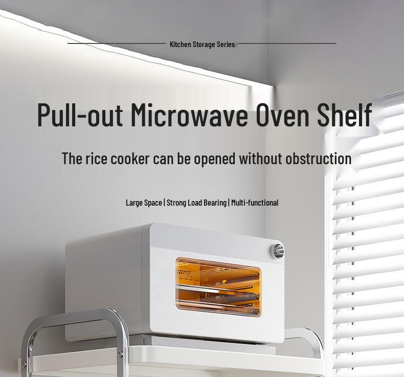 Double Layer Microwave Oven Storage Rack - Multi-functional Kitchen Countertop Shelf with Pull-out for Rice Cooker