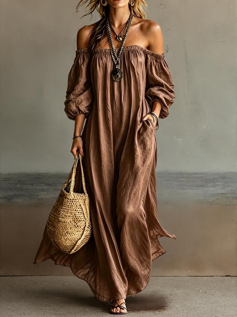 Maxi Abito Casual da Donna a Vestibilità Larga con Maniche Off-Shoulder per Vacanze al Mare
