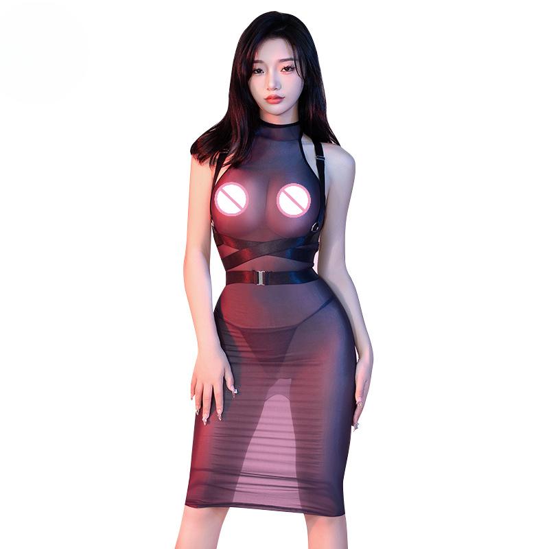 Women Sexy Dress Rope Bundled Nightwear Porno Clubwear Oil Shiny Glossy Sheer Ultra Elastic Nightdress Transparent Dresses