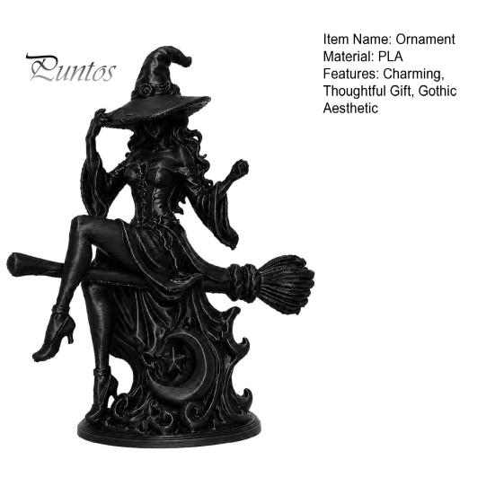 Matte Black Witch Statue Gothic On Broom Statue, 3D Printed Spooky Tabletop Figurine for Small Shelf Home Party, Halloween Desk Decor with Pointy Hat,