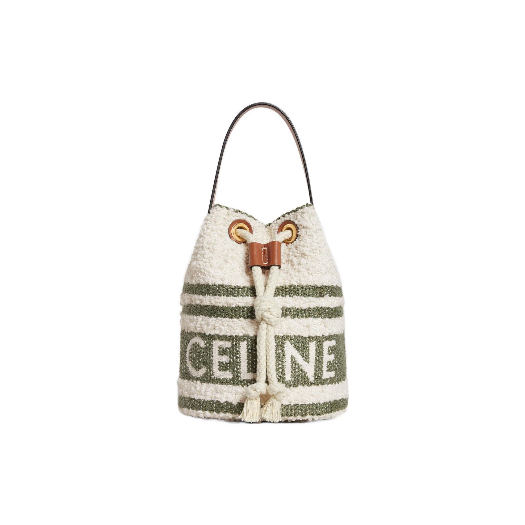 

Celine Striped Suede Fabric Large Logo Bucket Bag Women Handbags Khaki-Green Brown 196532ECH-15KZ Basic Set (Bag+Dust Bag)