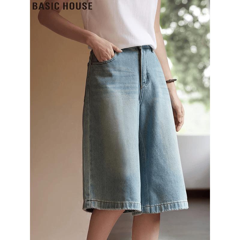 Basic House Women s High-Waist Wide-Leg Denim Shorts S