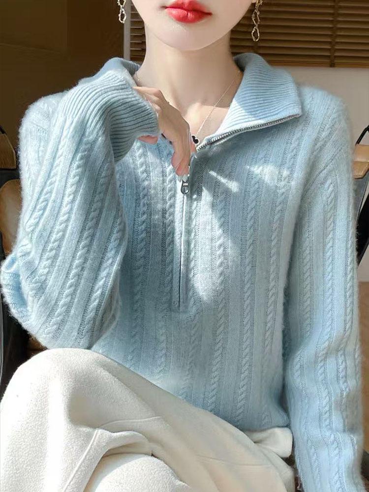 2026 Spring/Autumn Plus-Size Wool Blend Zipper Knitwear Top for Women - Thick, Loose Style, with Cross-Border Fashion Appeal.