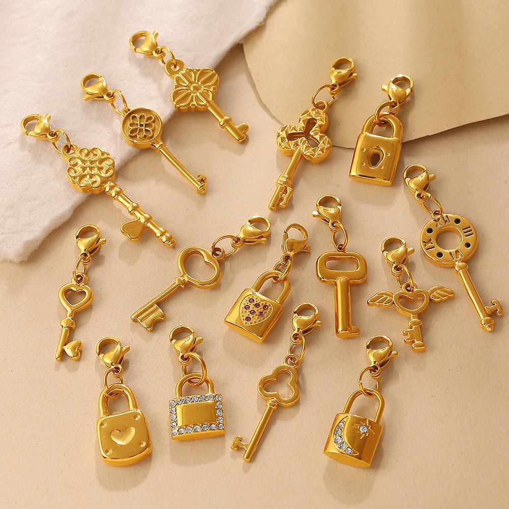 Retro Wind Diamond Lock Key Series Lobster Buckle Pendant Stainless Steel Gold-Plated Versatile Diy Accessories