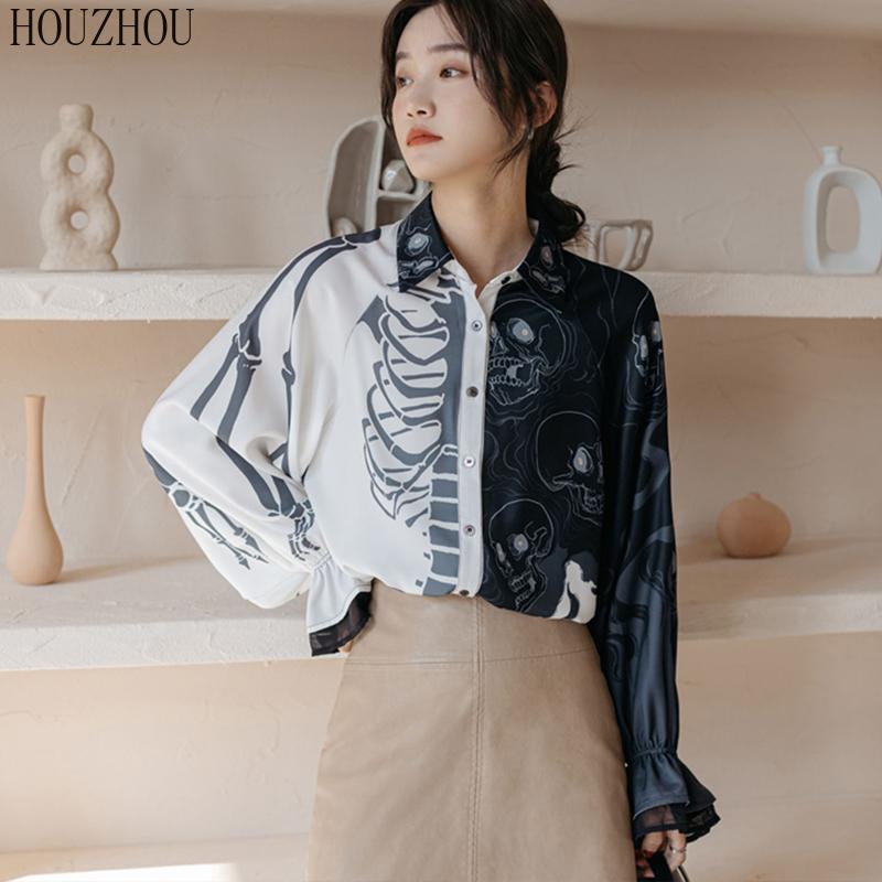 

HOUZHOU Harajuku рубашки с принтом женские свободные элегантные блузки с рукавами-фонариками больших размеров трендовые