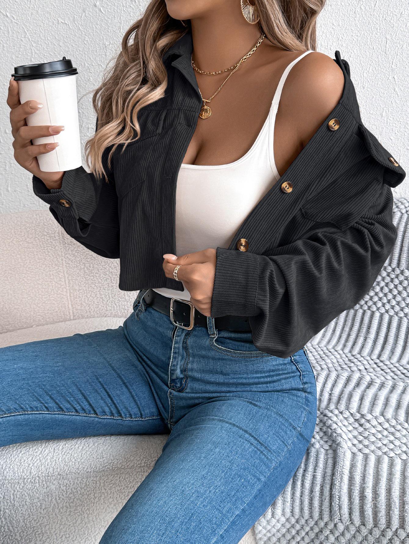 2025 Autumn/Winter Casual Corduroy Cropped Long-Sleeve Women s Shirt L чёрный
