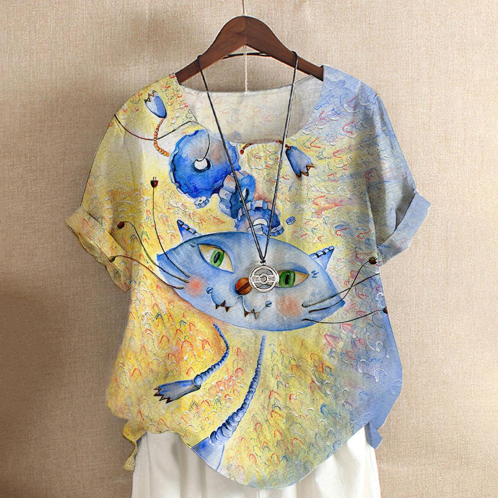 Maglietta da donna con gatto dei cartoni animati, camicetta Harajuku, scollo a V, manica corta, oversize, casual, pullover, estate, magliette carine, abbigliamento femminile