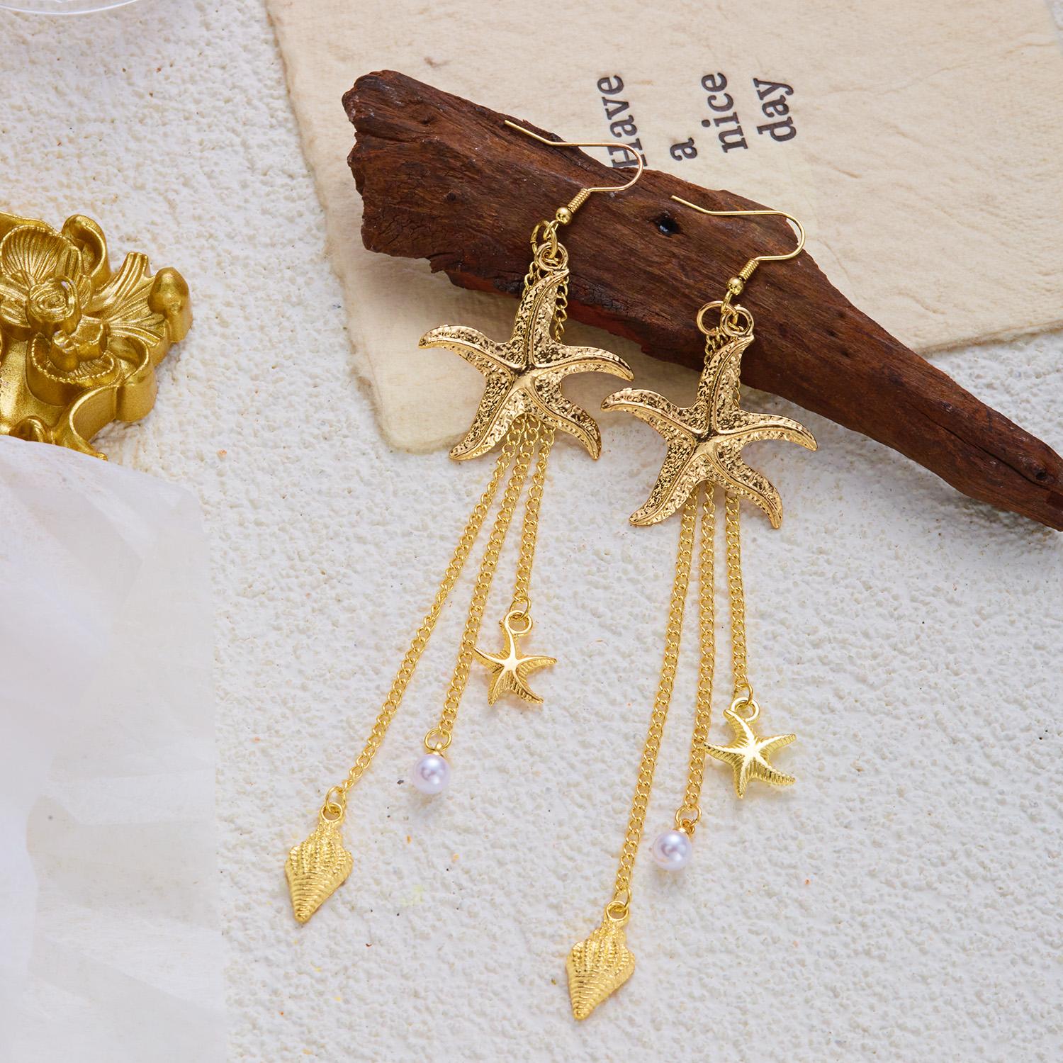 Luxury Gold Starfish Seashell Imitation Pearl Tassel Earrings for Women Summer Beach Vacation Ocean Jewelry Accessories Gifts