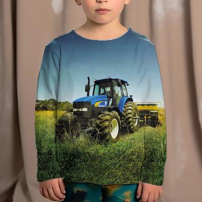 T-shirts met lange mouwen Tractorpatroon 3D-print Herfst Kinder T-shirt Ronde hals Mode Losse Streetwear Kinderen Jongen Meisje Kleding