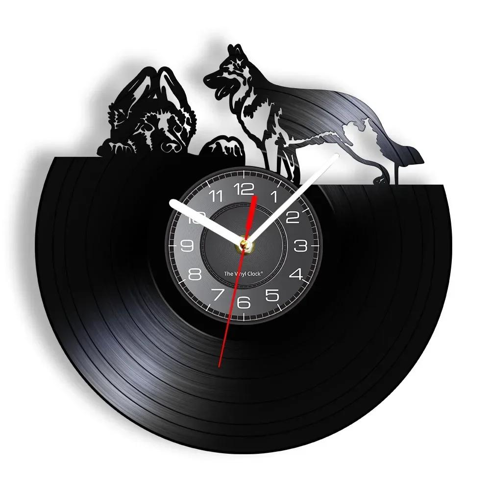German Shepherd Portrait Art Vinyl Record Wall Clock Shepherd Snowman Dog Breed Dog Lover s Home Decoration Silent Watch