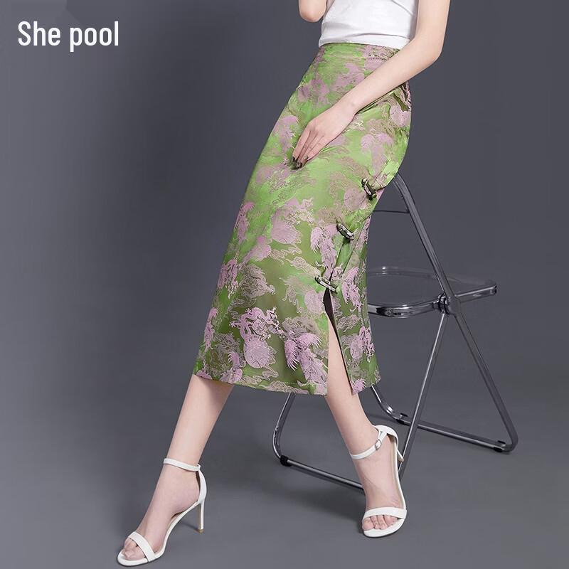 New Chinese Style Jacquard Midi Skirt with Disc Buckle L