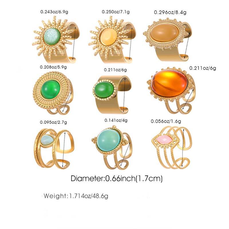 Stainless Steel Colorful Stone Opening Rings for Women Men Retro Classic Wide Gold Color Joint Rings Banquet Jewelry Accessories