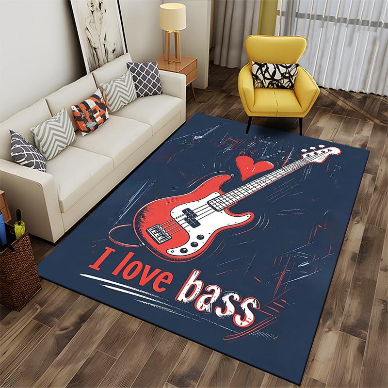 "I Love Bass Guitar Pattern Carpet with Red Guitar On Dark Background" Suitable for Use As an Anti-slip for Living Room Bedroom Sofas