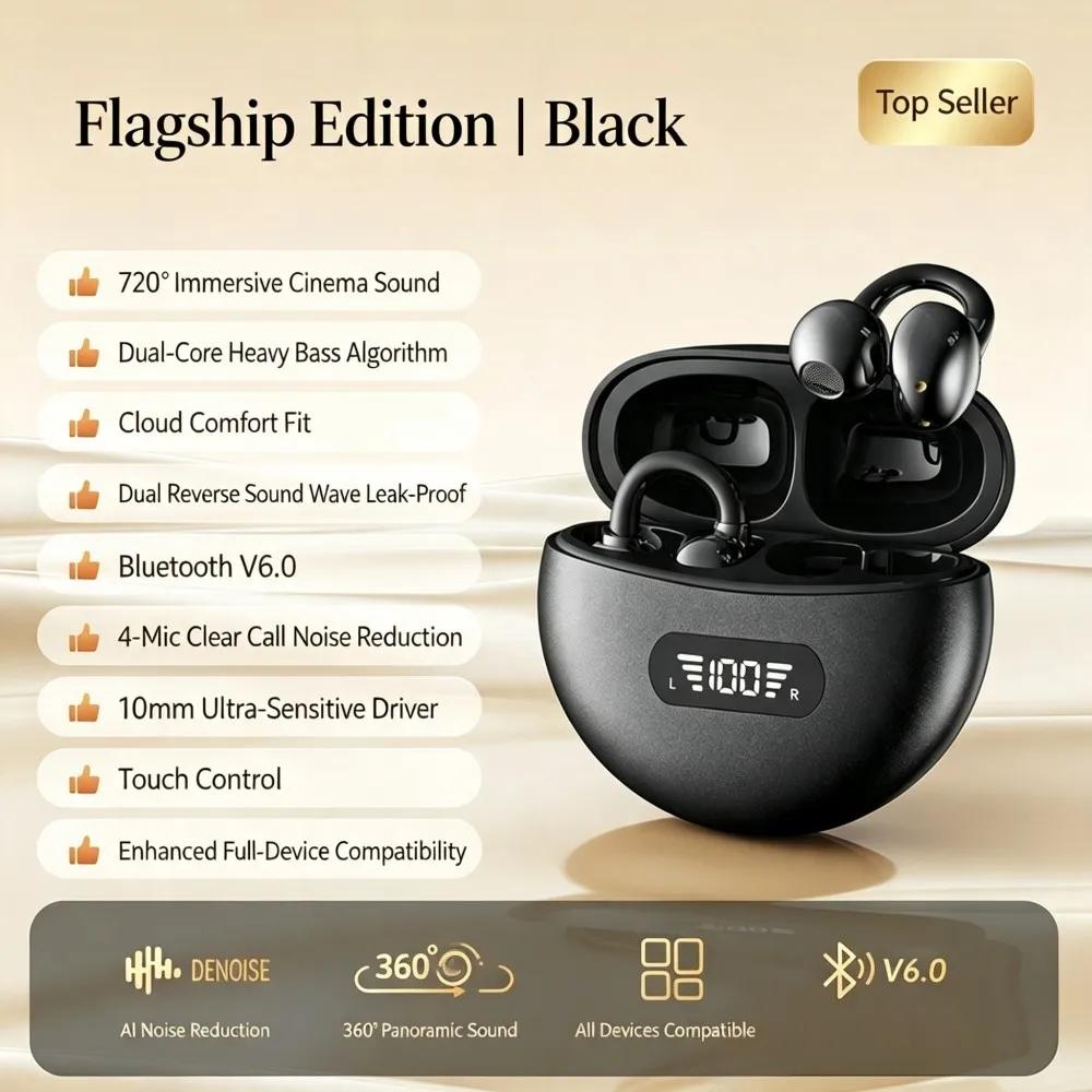 Bluetooth 6.0 Earphones Open Ear Clip Earbuds LED Digital Display ENC Noise Cancelling Wireless Headsets Clear Call Bass Boost Headphones