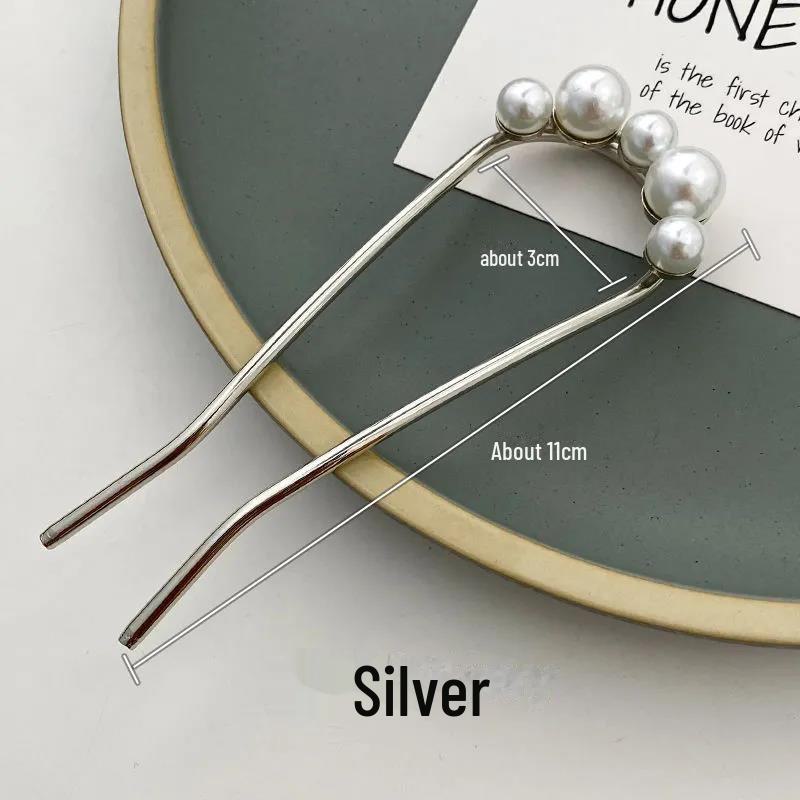 

U-образная металлическая шпилька для волос «Камелия»: Высококачественный головной убор ханьфу для женщин в старинном стиле на весну и лето. Pearl U-Shaped Hairpin серебряный