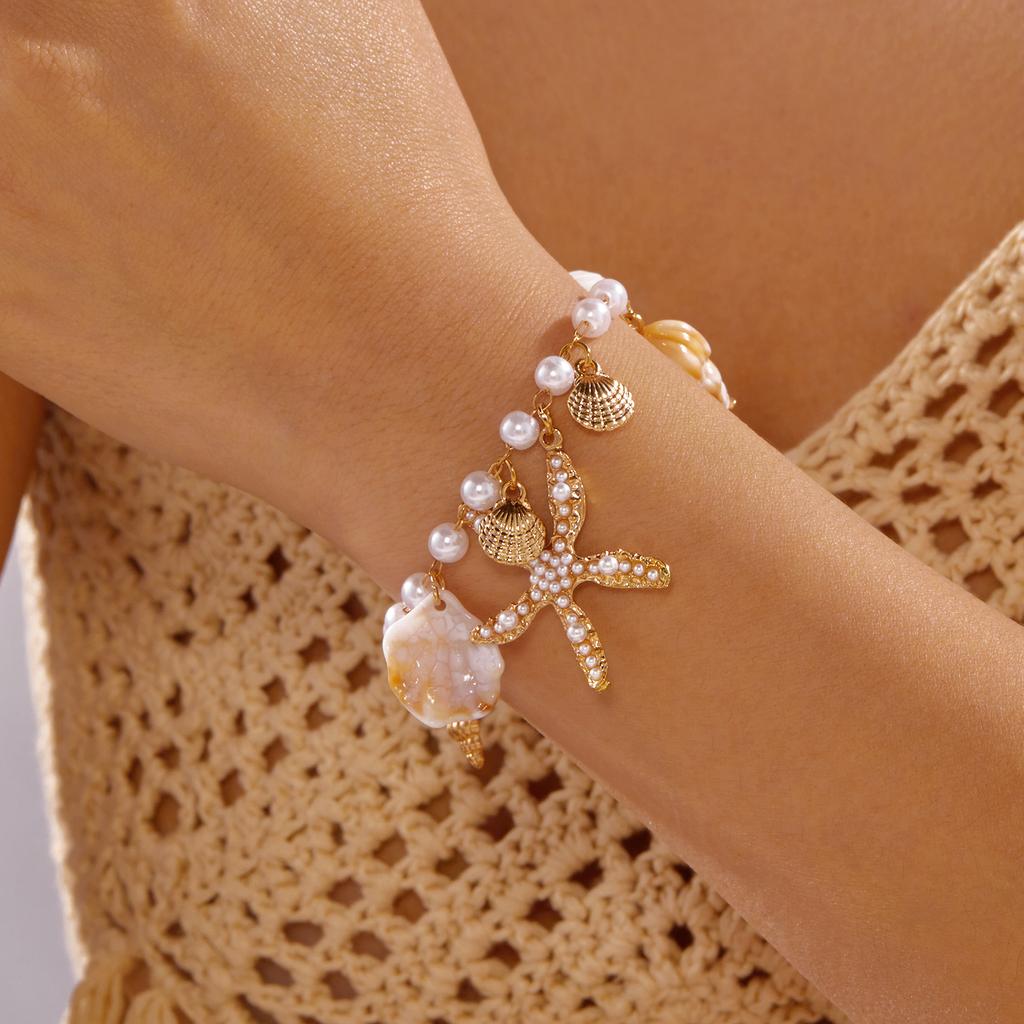 Ocean Style Gold Color Metal Starfish Conch Charm Bracelet For Women Boho Sea Star Imitation Pearl Bangle Summer Beach Jewelry