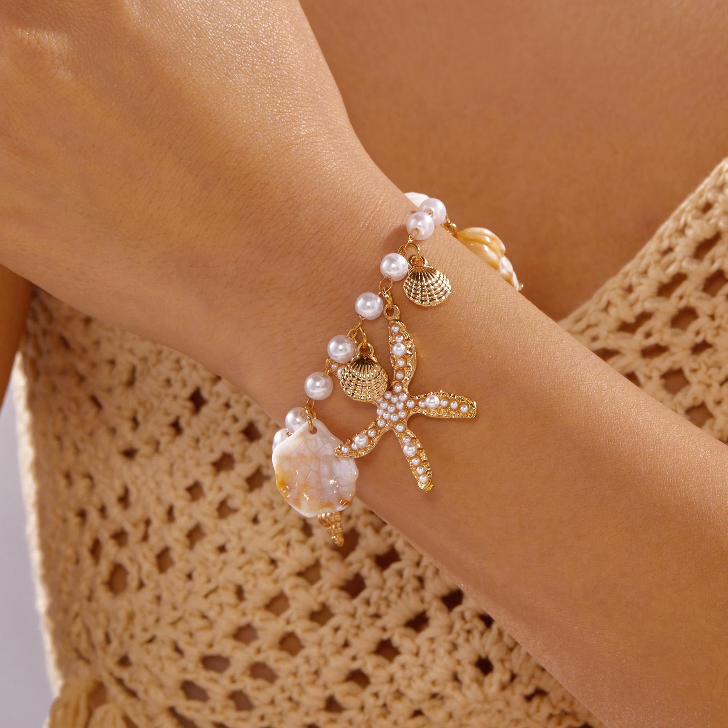 

Starfish Shell Conch Imitation Pearl Necklace Bracelet Set Vacation Daily Jewelry Women Fashion Trend Gift Daily Accessory