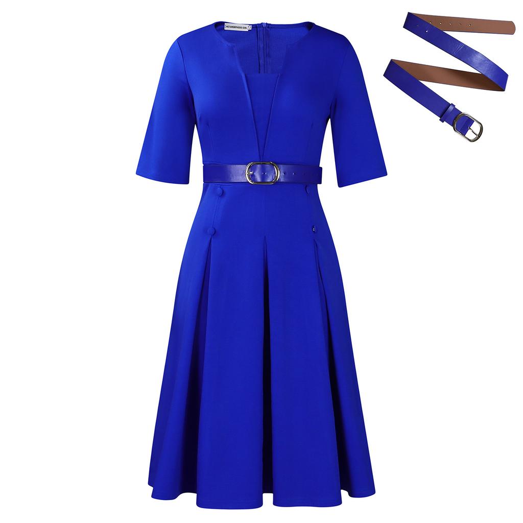 Women's Autumn Fashion Elegant Temperament Solid Color Five Quarter Sleeve Dress