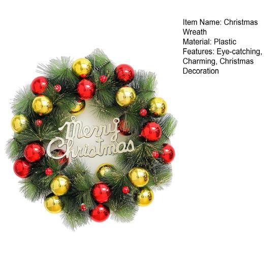 Christmas Wreath for Front Door Artificial Pine Needle Wreath with Balls Bows Flowers Merry Christmas Hanging Decor for Home Wall Window Porch Indoor