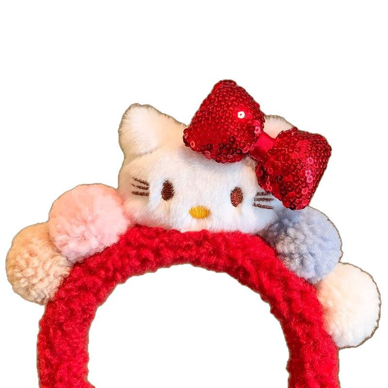 Red Bow Kitty Plush Headband for Women - Perfect for Autumn, Winter, Face Washing, and Holiday Headwear