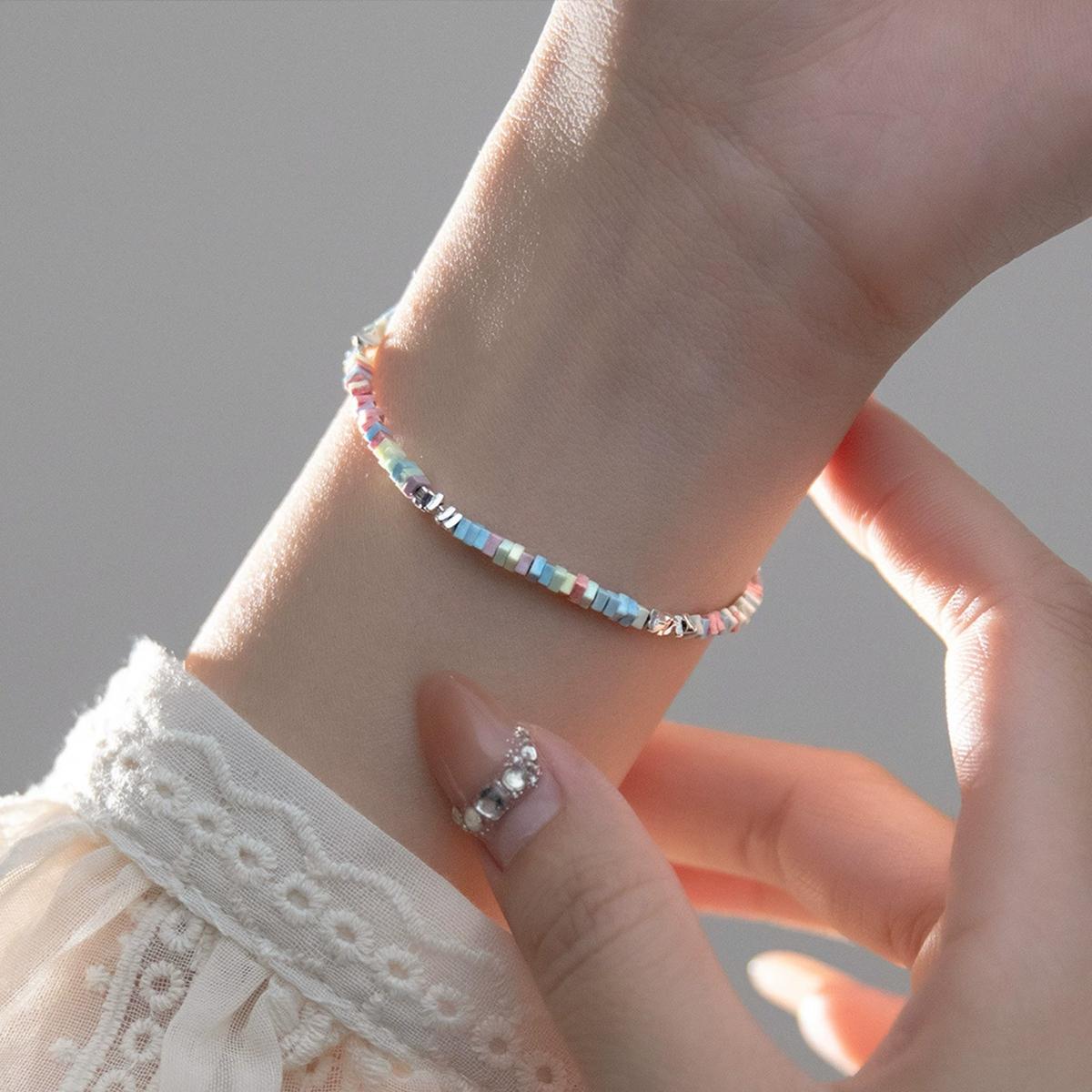 925 Sterling Silver Cute Irregular Rainbow Colorful Broken Silver Strand & String Bracelets for Women Fine Jewelry