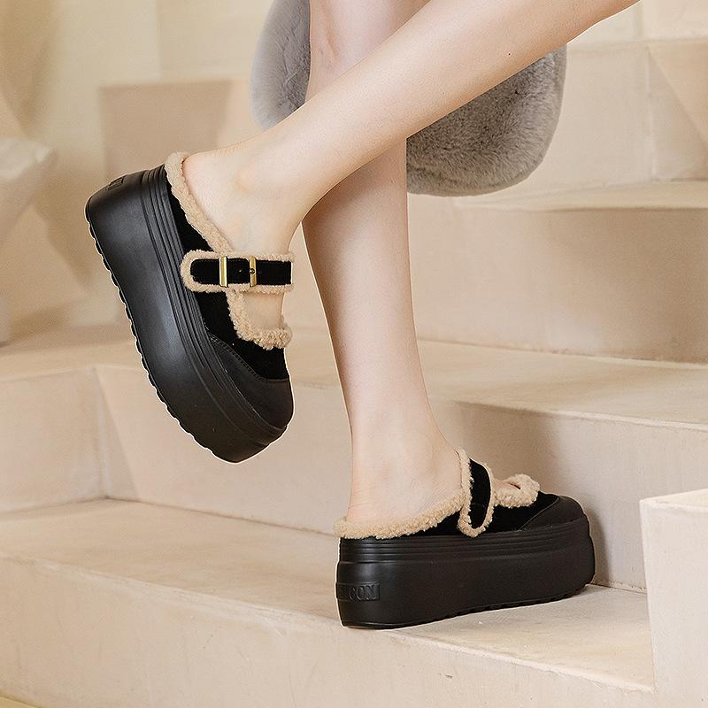 

Thick-soled cotton slippers 2025 new versatile spring and autumn new buckle retro lamb wool bag head cotton shoes fashion trend 39 чёрный