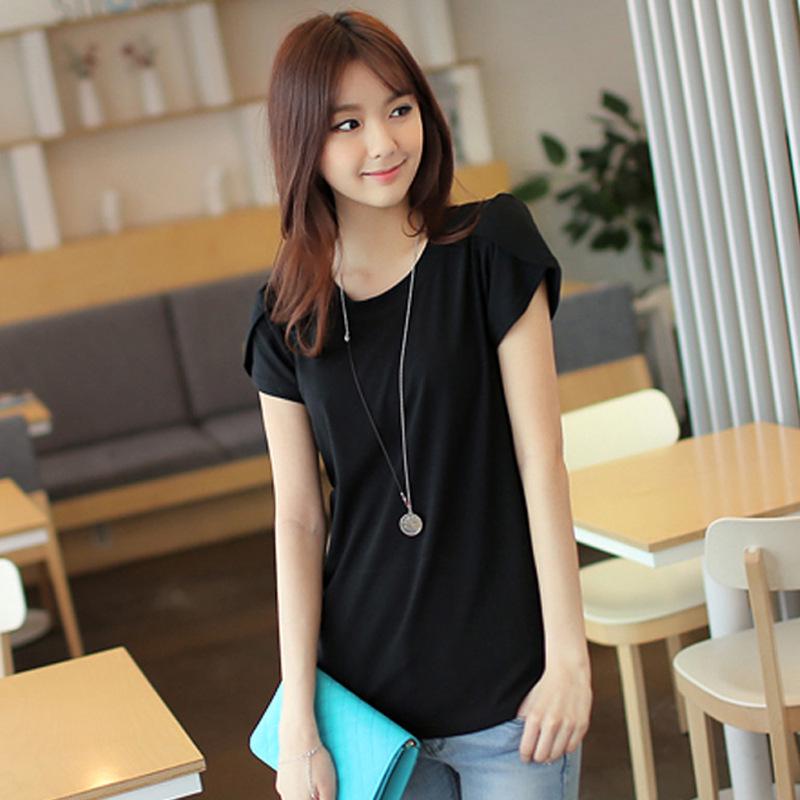 New Korean Version Solid Color Loose Large Size Top Round Neck Short-sleeved Women's T-shirt Summer Fat MM Base Shirt