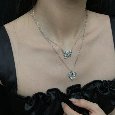 Sweet Princess Style Silver Asymmetrical Bow Necklace Slightly Inlaid Pink Treasure Sweet Premium Clavicle Chain Female