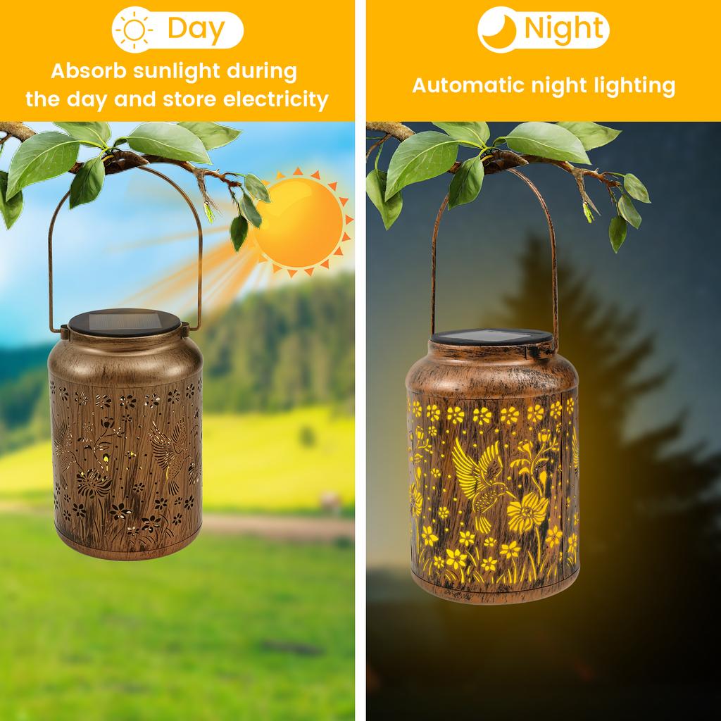 Hanging Solar Lantern Outdoor Waterproof Metal Vintage Hummingbird LED Garden Yard Lawn Pathway Decorative Lights