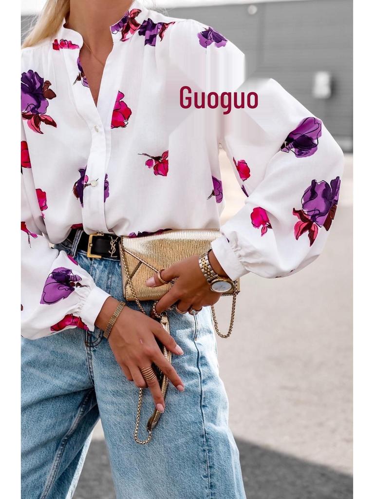 Autumn 2024 Floral Print Stand-up Collar Long Sleeve Shirt for Women - European & American Style