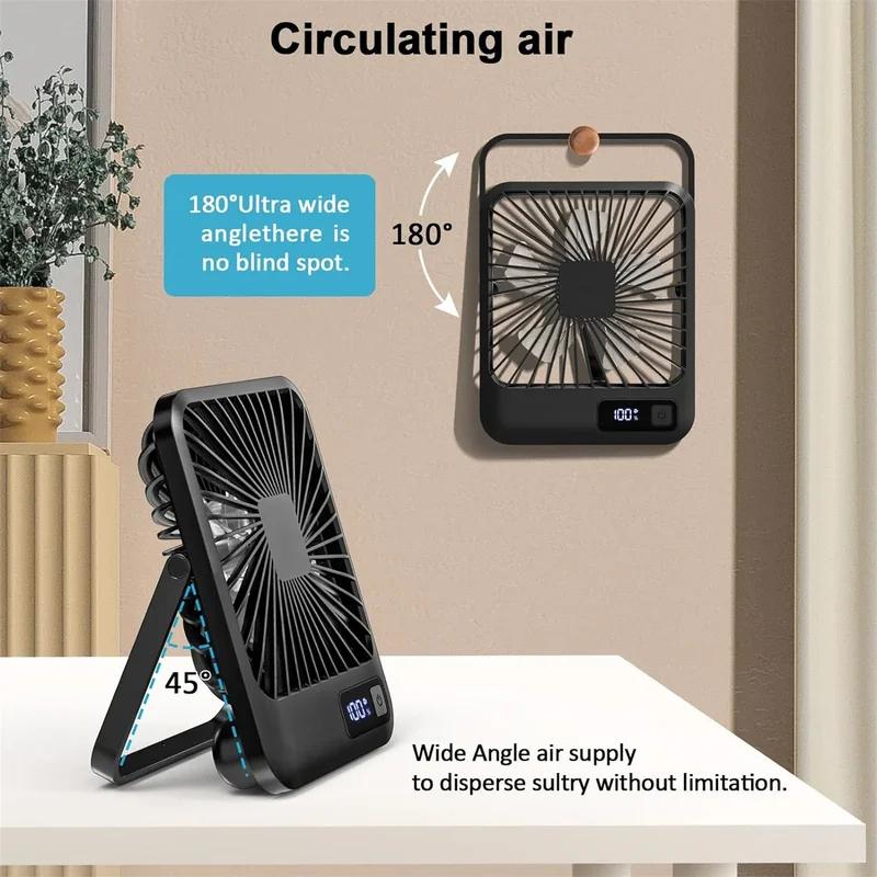 Refreshing And Cold Air Portable USB Charging Desktop Fan–180 Tilt Folding Personal Fan, 5 Speed, Ultra Quiet, With Power Bispla