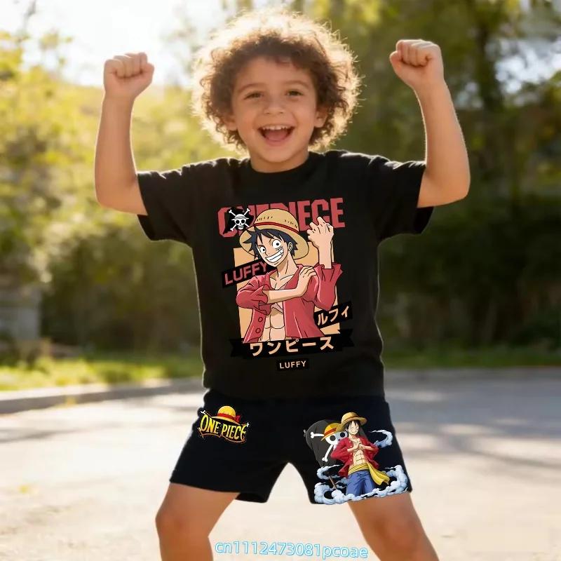 Children's Polyester Short-sleeved Shorts Set with "One Piece" Cartoon Print Boy's Sports Shirt for Summer T-shirt Set of 2 Pieces