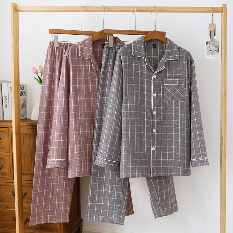 Men's Cotton Pajama Set Nightwear Long Sleeve Tops Pants Pajama Sets Soft Plaid 2 Piece Button Down Lounge Set for Men Lapel Comfortable Sleepwear