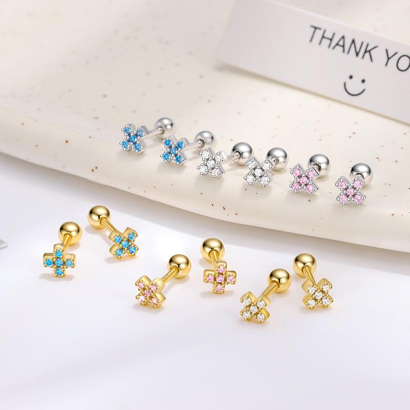 S925 Sterling Silver Inlaid Colorful Zircon Cross Screw Earrings for Women Small Exquisite Temperament Ear Accessories