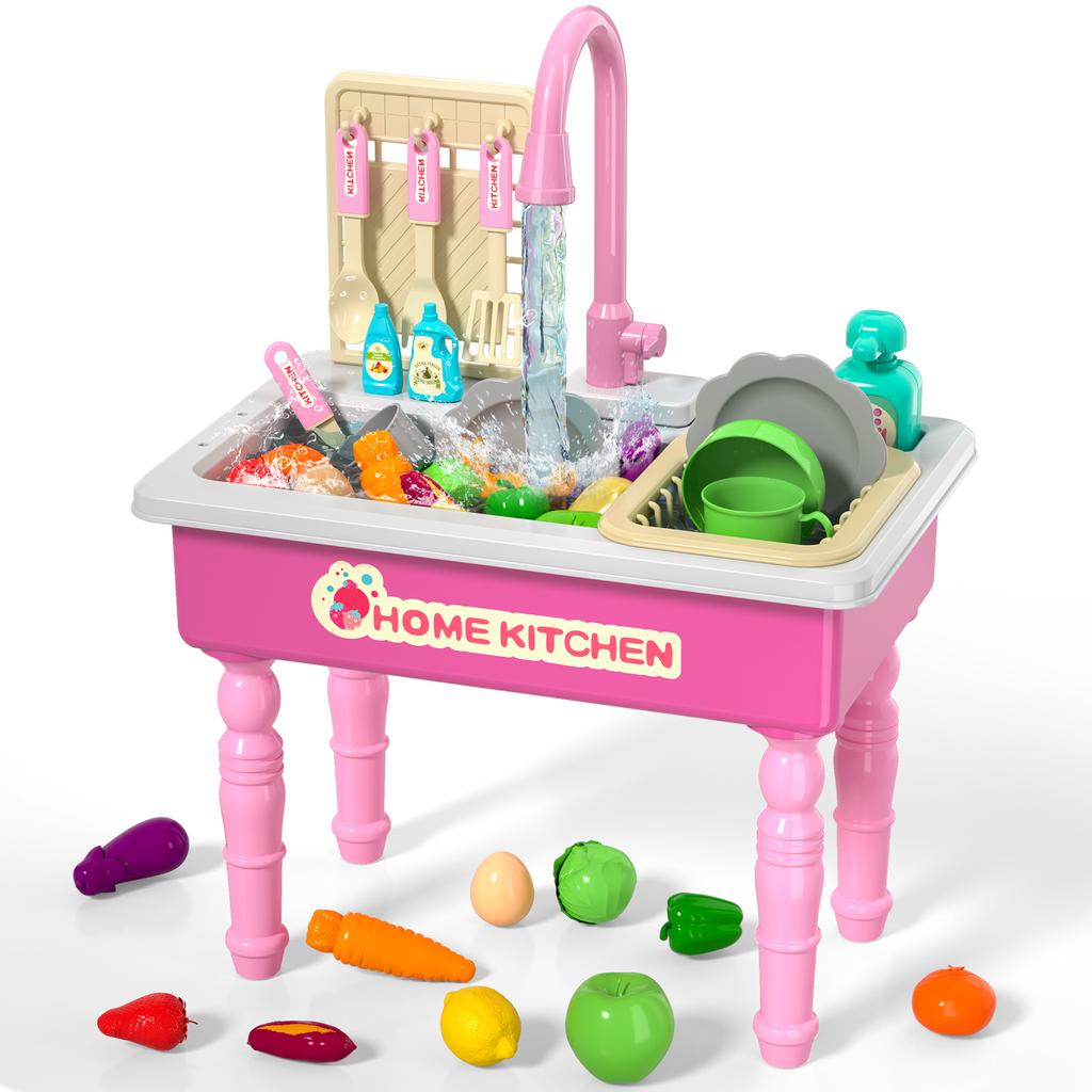 Play Kitchen Sink Toy with Running Water, Dishwasher and Upgraded Automatic Water Cycle System