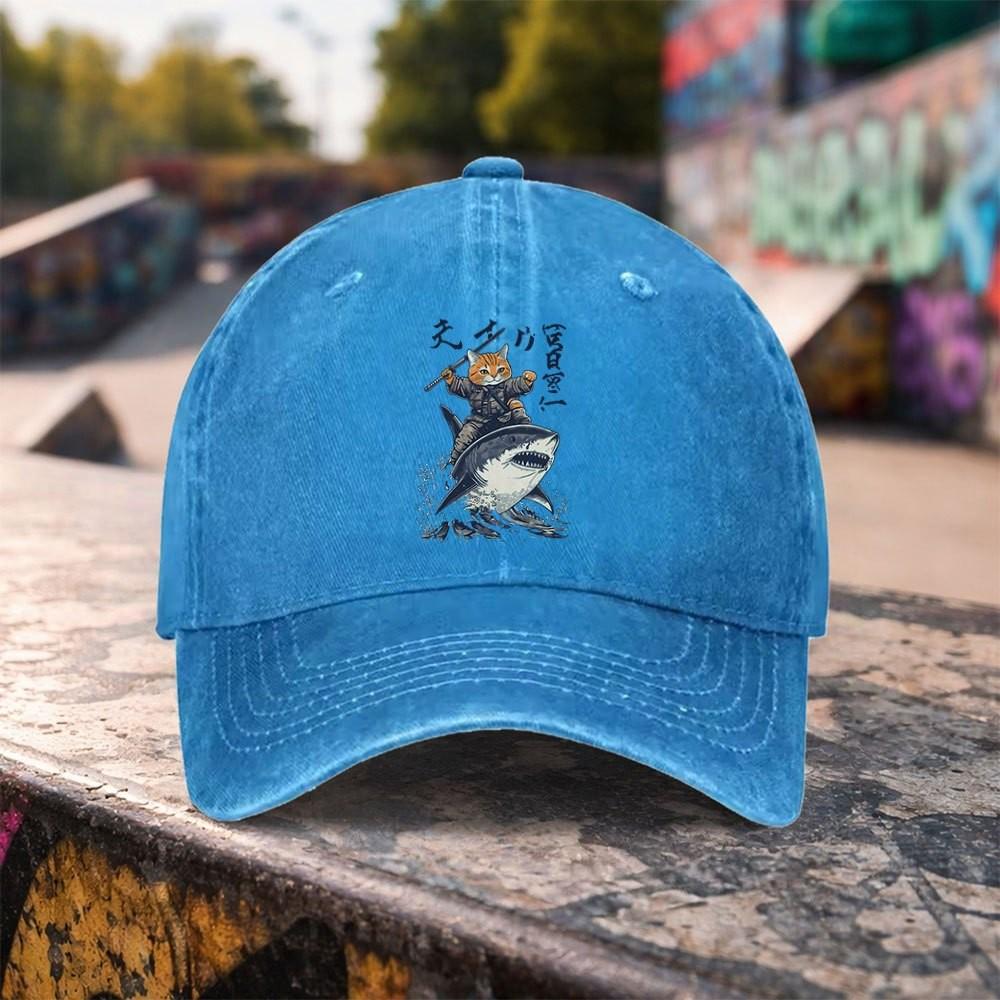 Samurai Cat Riding Shark Washed Baseball Cap Unique Graphic Adjustable Outdoor Cotton Snapback Hat