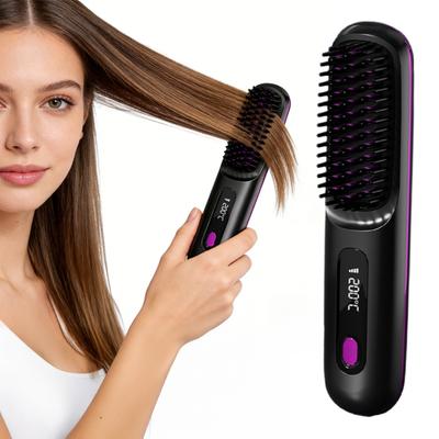 Brosse Lissante Ionique Sans Fil 3-en-1 Lisser Boucler & Lisser Brosse à Cheveux à Ions Négatifs Portable & Rechargeable Chauffage Rapide