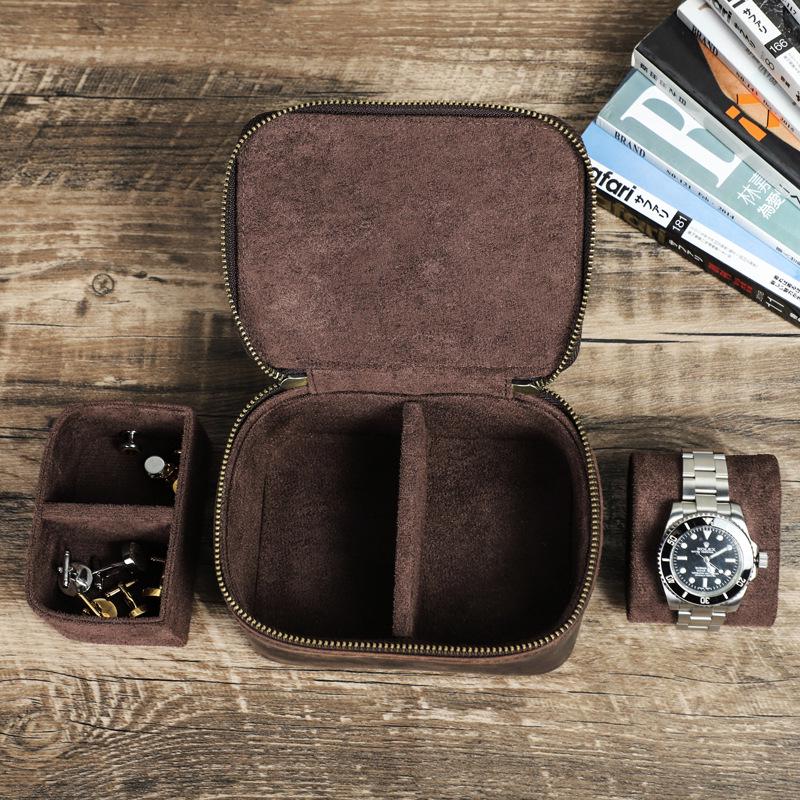 Retro Cowhide Leather Watch Box: Multi-Compartment and Portable Wristwatch Storage