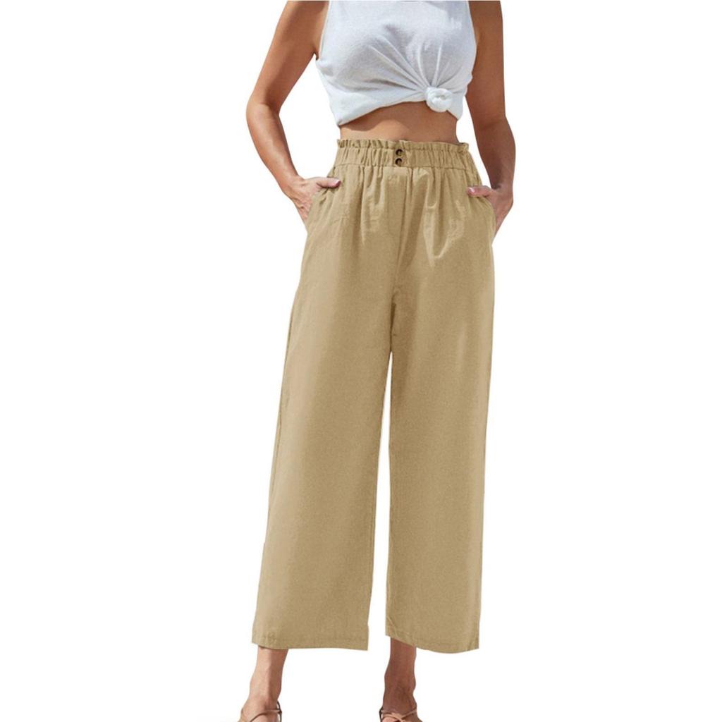 Women's High-waisted Ruffled Elastic Waist Cotton And Linen Cropped Casual Pants