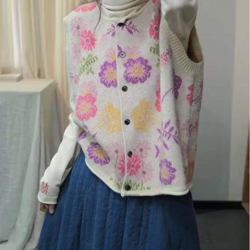 Dimanaf Høst Dame Ermeløs Knapper Vest Gensere Stil Trykk Strikking Casual Løs Genser