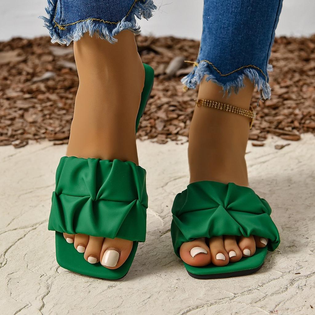 Summer Slippers for Women Flip Flops Flats  New Pleated Korean Slippers Women Sandals Green Slip On Shoes Plus Size 35-42